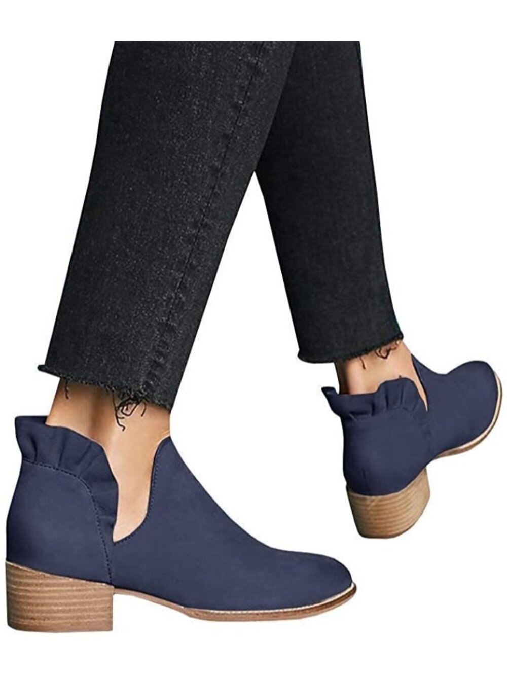 Women's Navy Faux Leather Fall Cutout Low Stacked Ruffle Slip On Ankle Booties - Picture 2 of 5